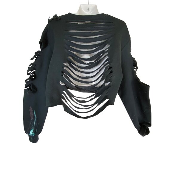 Black Distressed Splatter Paint Cropped Sweatshirt Medium Shredded Punk Eighties - Picture 5 of 6